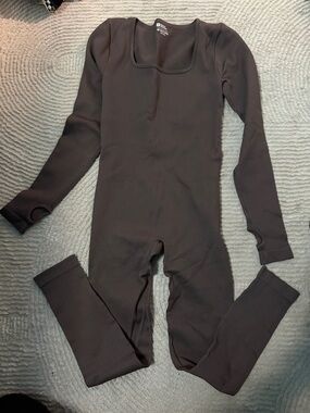 Long Sleeve Ribbed Thermal One-Piece in Dark Brown
